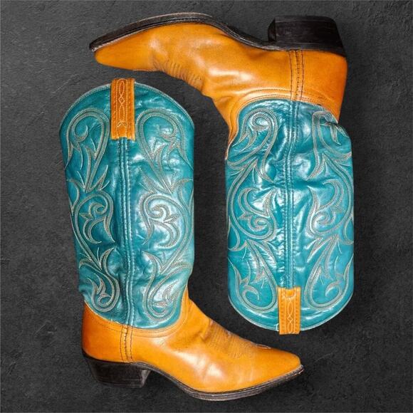 Dan Post Cowgirl Boots 6M | Turquoise & Tan Leather Western Cowboy Boots EUC - Picture 1 of 15